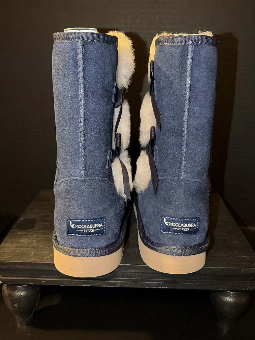 Women's Navy Suede Plush Fur-Trim Mid-Calf Boots